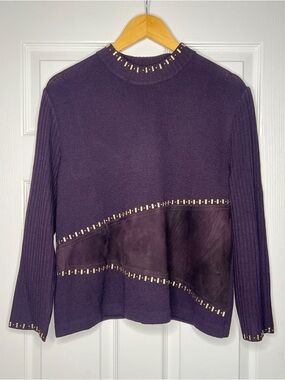 St. John Purple Suede-Trim Studded Knit Sweater – Size 14